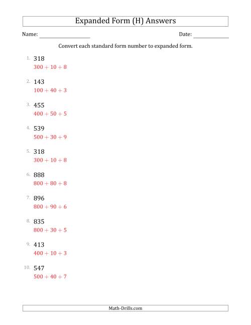 The Converting Standard Form Numbers to Expanded Form (3-Digit Numbers) (H) Math Worksheet Page 2