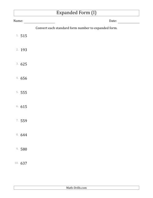 The Converting Standard Form Numbers to Expanded Form (3-Digit Numbers) (I) Math Worksheet