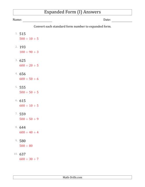 The Converting Standard Form Numbers to Expanded Form (3-Digit Numbers) (I) Math Worksheet Page 2
