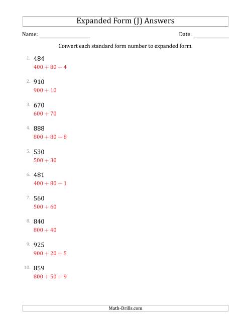 The Converting Standard Form Numbers to Expanded Form (3-Digit Numbers) (J) Math Worksheet Page 2