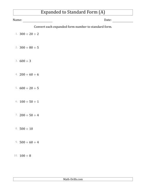 The Converting Expanded Form Numbers to Standard Form (3-Digit Numbers) (A) Math Worksheet