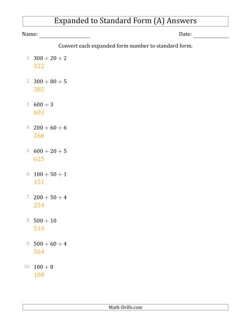 The Converting Expanded Form Numbers to Standard Form (3-Digit Numbers) (A) Math Worksheet Page 2