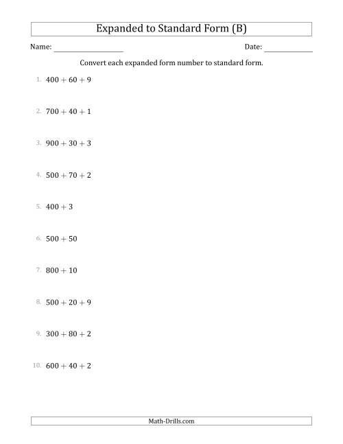 The Converting Expanded Form Numbers to Standard Form (3-Digit Numbers) (B) Math Worksheet