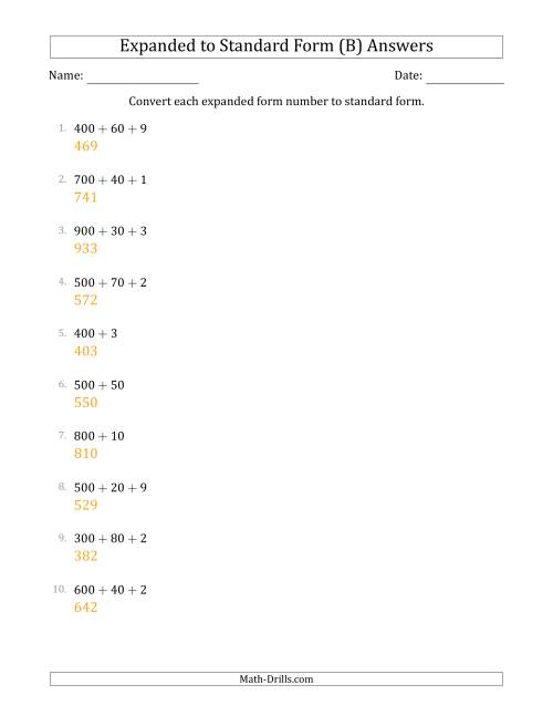 The Converting Expanded Form Numbers to Standard Form (3-Digit Numbers) (B) Math Worksheet Page 2