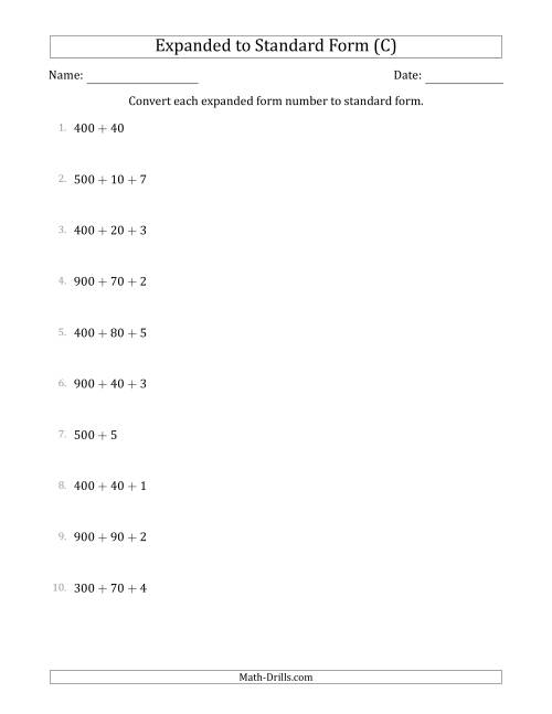 The Converting Expanded Form Numbers to Standard Form (3-Digit Numbers) (C) Math Worksheet