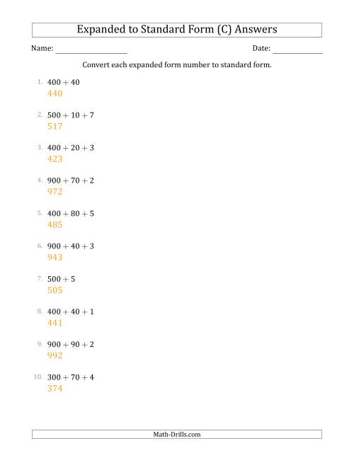 The Converting Expanded Form Numbers to Standard Form (3-Digit Numbers) (C) Math Worksheet Page 2