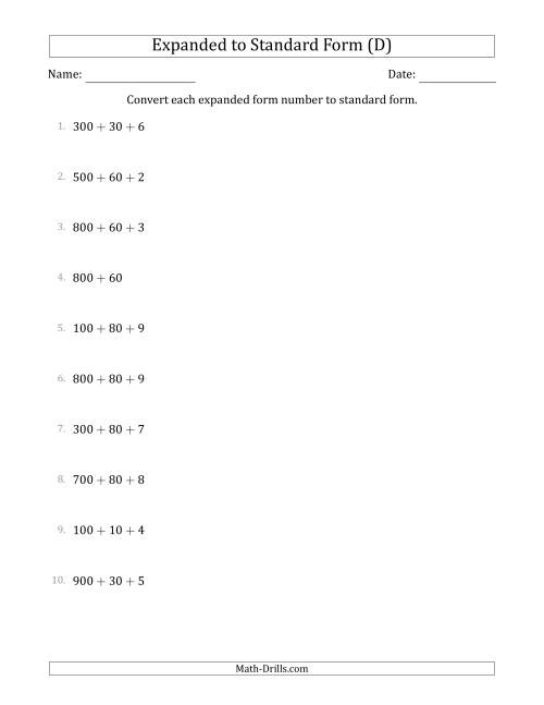 The Converting Expanded Form Numbers to Standard Form (3-Digit Numbers) (D) Math Worksheet
