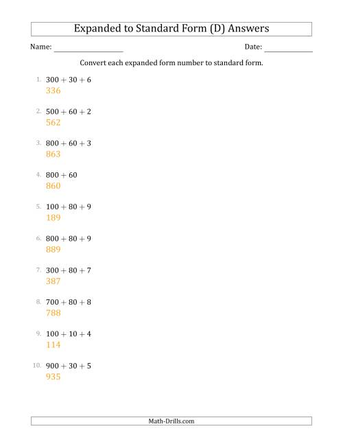 The Converting Expanded Form Numbers to Standard Form (3-Digit Numbers) (D) Math Worksheet Page 2