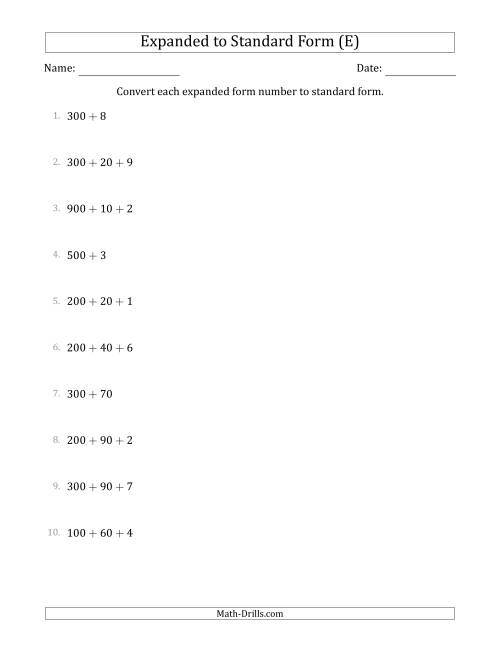 The Converting Expanded Form Numbers to Standard Form (3-Digit Numbers) (E) Math Worksheet