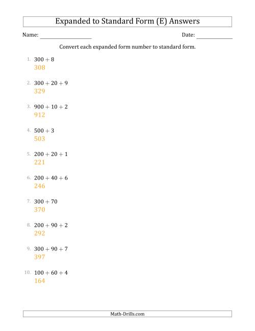The Converting Expanded Form Numbers to Standard Form (3-Digit Numbers) (E) Math Worksheet Page 2