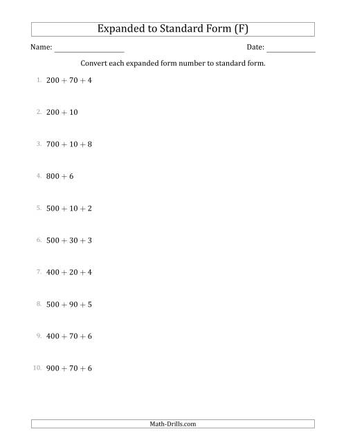 The Converting Expanded Form Numbers to Standard Form (3-Digit Numbers) (F) Math Worksheet