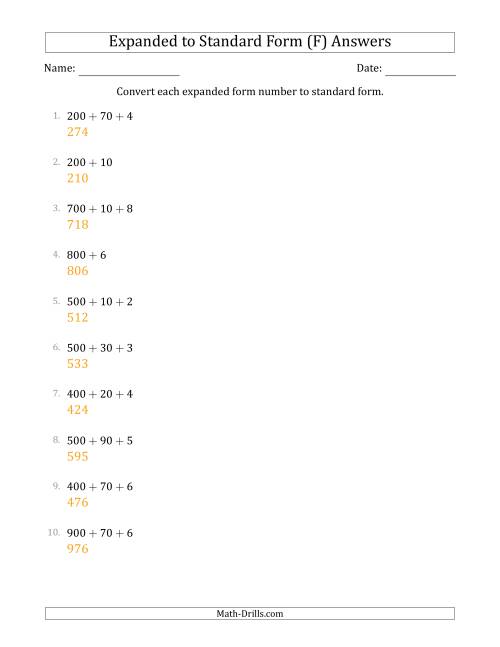 The Converting Expanded Form Numbers to Standard Form (3-Digit Numbers) (F) Math Worksheet Page 2