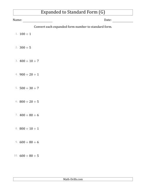 The Converting Expanded Form Numbers to Standard Form (3-Digit Numbers) (G) Math Worksheet