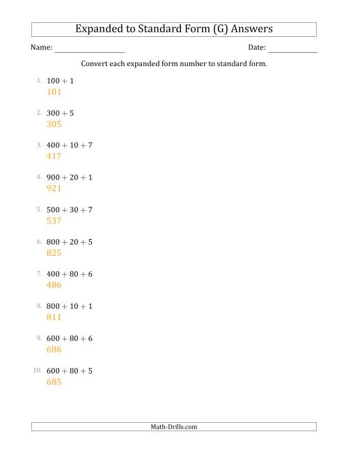 The Converting Expanded Form Numbers to Standard Form (3-Digit Numbers) (G) Math Worksheet Page 2