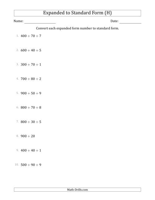 The Converting Expanded Form Numbers to Standard Form (3-Digit Numbers) (H) Math Worksheet