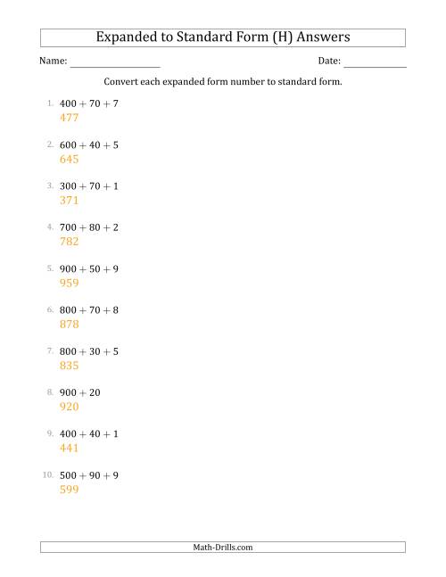 The Converting Expanded Form Numbers to Standard Form (3-Digit Numbers) (H) Math Worksheet Page 2