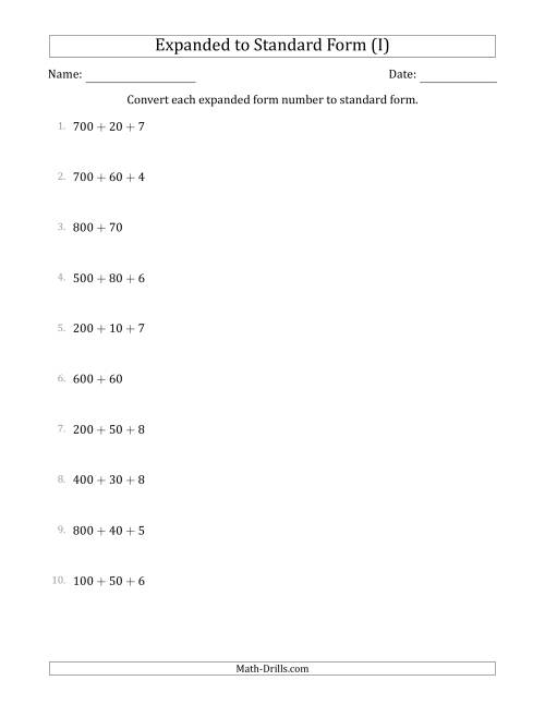 The Converting Expanded Form Numbers to Standard Form (3-Digit Numbers) (I) Math Worksheet