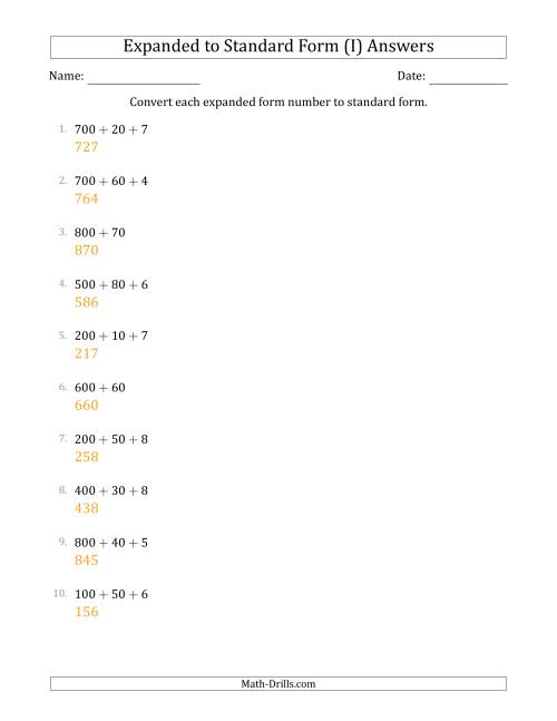 The Converting Expanded Form Numbers to Standard Form (3-Digit Numbers) (I) Math Worksheet Page 2