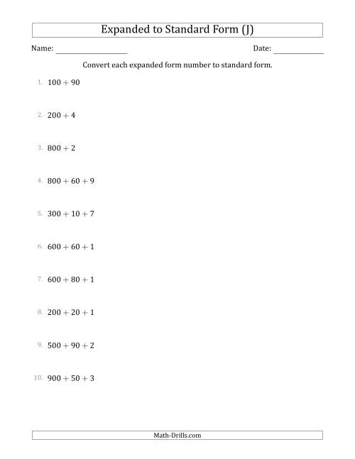 The Converting Expanded Form Numbers to Standard Form (3-Digit Numbers) (J) Math Worksheet