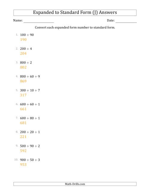 The Converting Expanded Form Numbers to Standard Form (3-Digit Numbers) (J) Math Worksheet Page 2