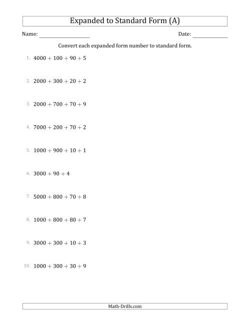 The Converting Expanded Form Numbers to Standard Form (4-Digit Numbers) (A) Math Worksheet