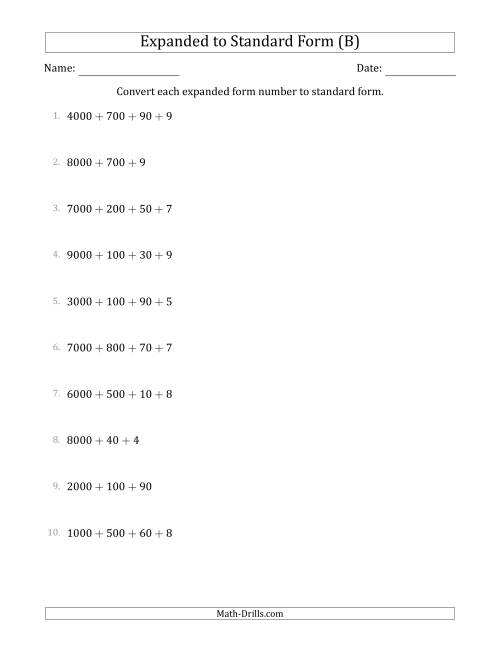 The Converting Expanded Form Numbers to Standard Form (4-Digit Numbers) (B) Math Worksheet