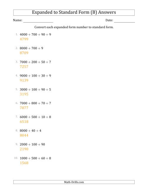 The Converting Expanded Form Numbers to Standard Form (4-Digit Numbers) (B) Math Worksheet Page 2