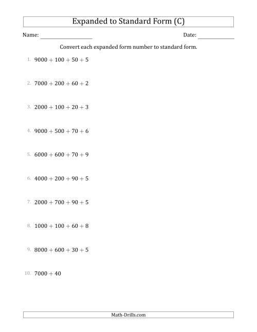 The Converting Expanded Form Numbers to Standard Form (4-Digit Numbers) (C) Math Worksheet