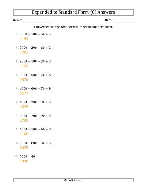 The Converting Expanded Form Numbers to Standard Form (4-Digit Numbers) (C) Math Worksheet Page 2
