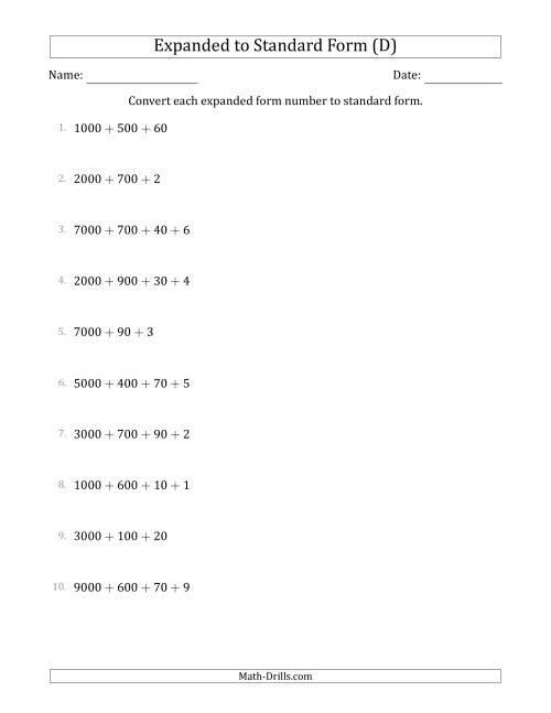 The Converting Expanded Form Numbers to Standard Form (4-Digit Numbers) (D) Math Worksheet