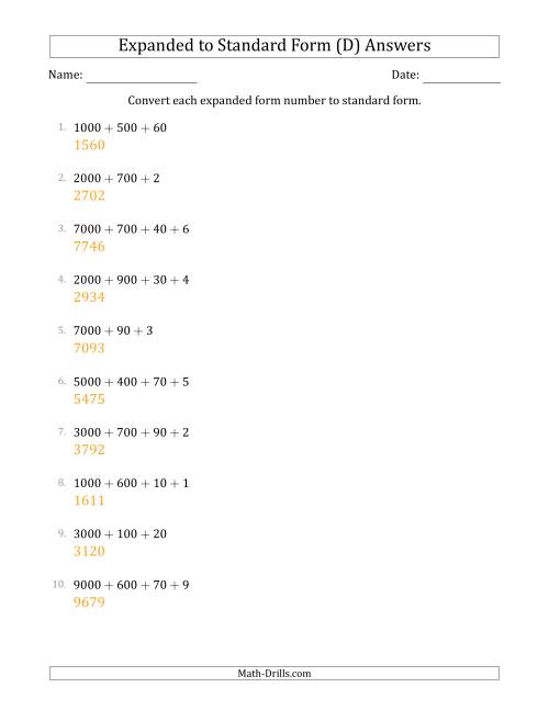 The Converting Expanded Form Numbers to Standard Form (4-Digit Numbers) (D) Math Worksheet Page 2