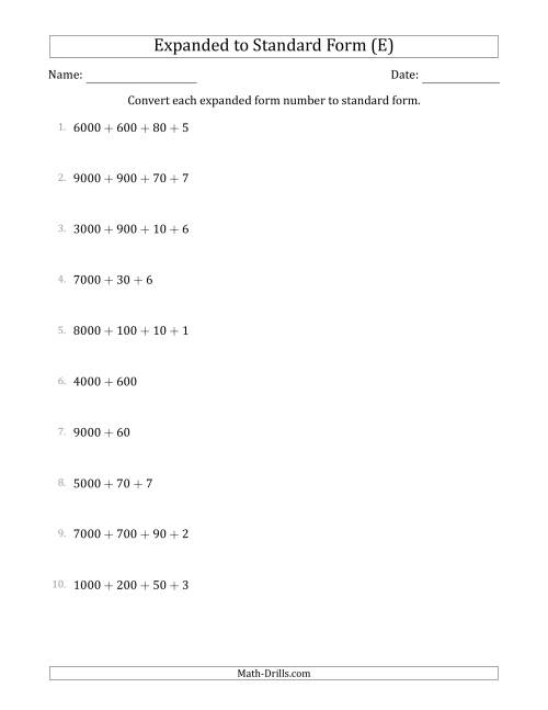 The Converting Expanded Form Numbers to Standard Form (4-Digit Numbers) (E) Math Worksheet