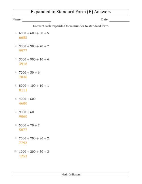 The Converting Expanded Form Numbers to Standard Form (4-Digit Numbers) (E) Math Worksheet Page 2