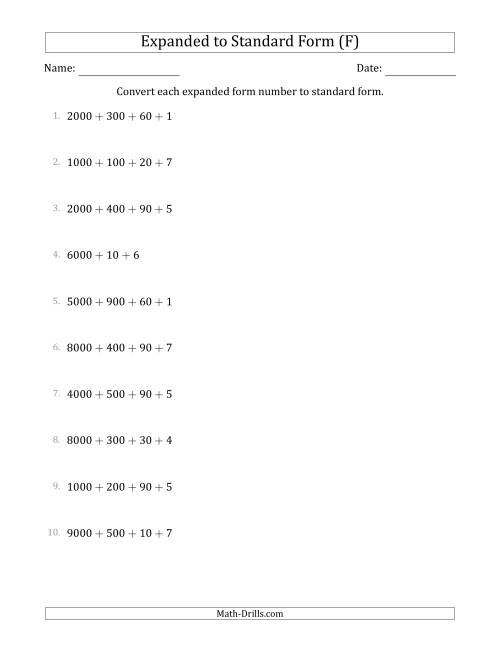 The Converting Expanded Form Numbers to Standard Form (4-Digit Numbers) (F) Math Worksheet