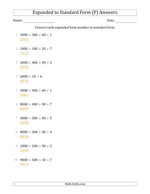 The Converting Expanded Form Numbers to Standard Form (4-Digit Numbers) (F) Math Worksheet Page 2