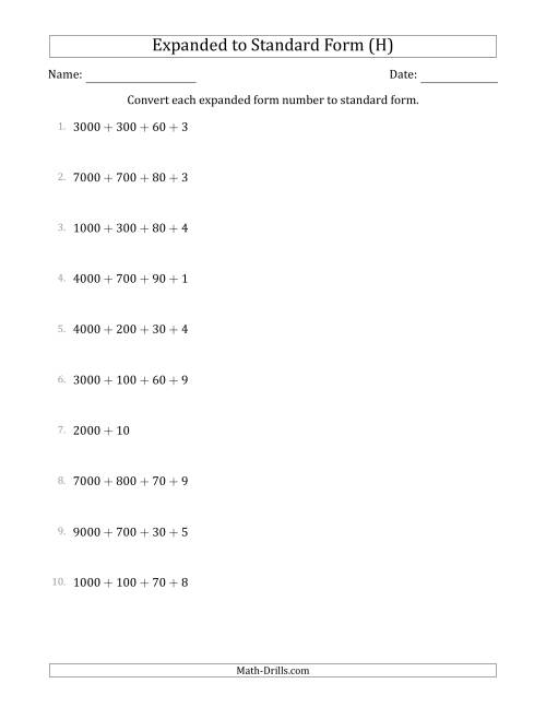 The Converting Expanded Form Numbers to Standard Form (4-Digit Numbers) (H) Math Worksheet