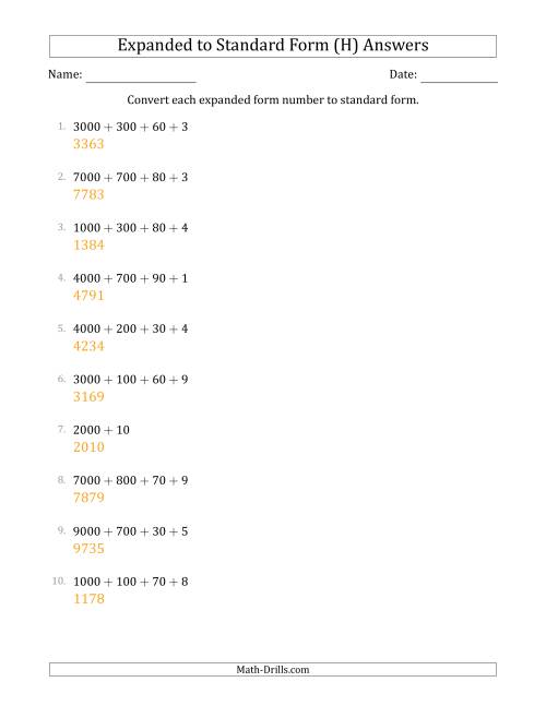 The Converting Expanded Form Numbers to Standard Form (4-Digit Numbers) (H) Math Worksheet Page 2