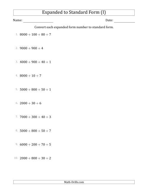 The Converting Expanded Form Numbers to Standard Form (4-Digit Numbers) (I) Math Worksheet