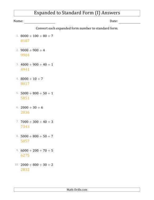 The Converting Expanded Form Numbers to Standard Form (4-Digit Numbers) (I) Math Worksheet Page 2
