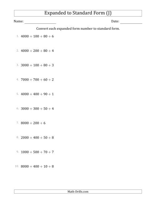 The Converting Expanded Form Numbers to Standard Form (4-Digit Numbers) (J) Math Worksheet