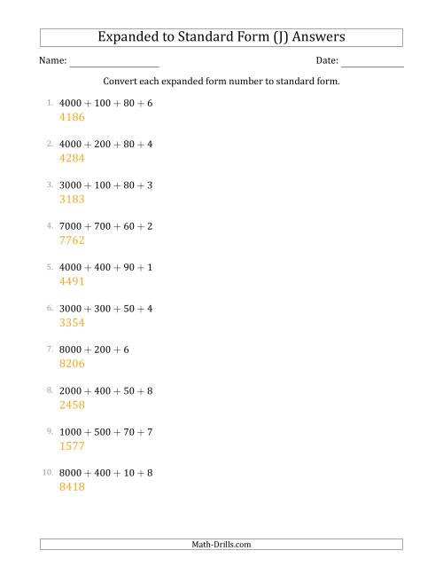 The Converting Expanded Form Numbers to Standard Form (4-Digit Numbers) (J) Math Worksheet Page 2
