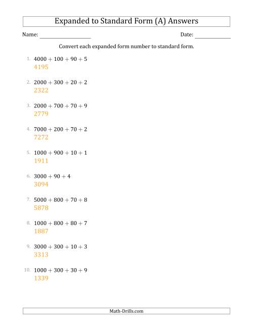 The Converting Expanded Form Numbers to Standard Form (4-Digit Numbers) (All) Math Worksheet Page 2