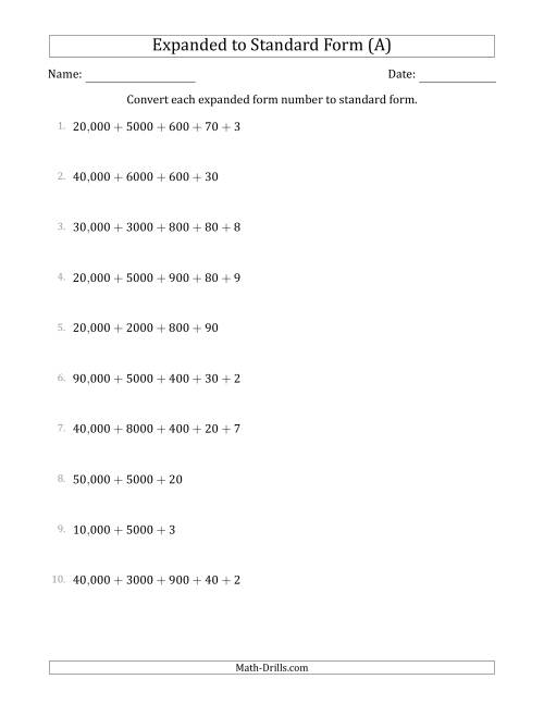 The Converting Expanded Form Numbers to Standard Form (5-Digit Numbers) (US/UK) (A) Math Worksheet