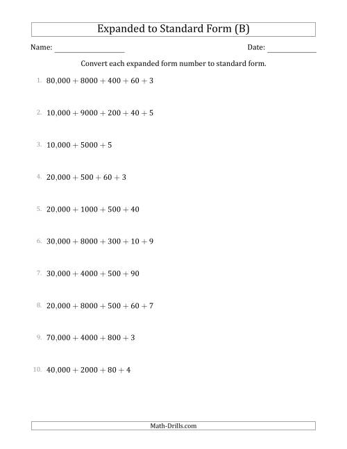 The Converting Expanded Form Numbers to Standard Form (5-Digit Numbers) (US/UK) (B) Math Worksheet