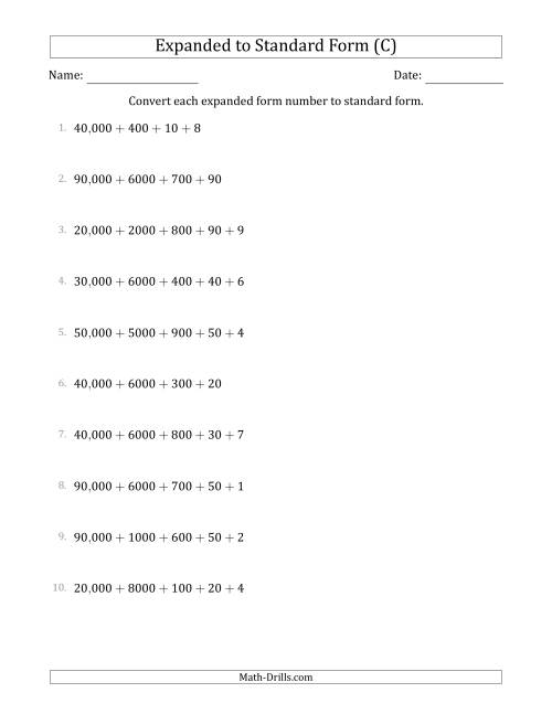 The Converting Expanded Form Numbers to Standard Form (5-Digit Numbers) (US/UK) (C) Math Worksheet