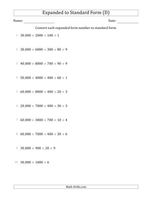 The Converting Expanded Form Numbers to Standard Form (5-Digit Numbers) (US/UK) (D) Math Worksheet