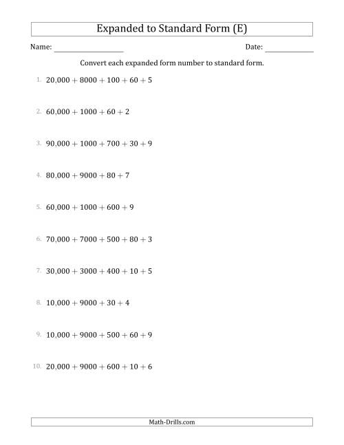 The Converting Expanded Form Numbers to Standard Form (5-Digit Numbers) (US/UK) (E) Math Worksheet