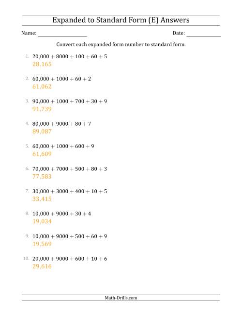 The Converting Expanded Form Numbers to Standard Form (5-Digit Numbers) (US/UK) (E) Math Worksheet Page 2