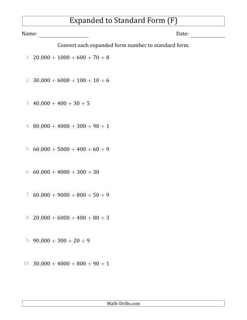 The Converting Expanded Form Numbers to Standard Form (5-Digit Numbers) (US/UK) (F) Math Worksheet