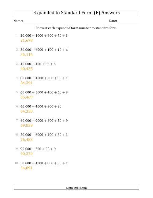 The Converting Expanded Form Numbers to Standard Form (5-Digit Numbers) (US/UK) (F) Math Worksheet Page 2